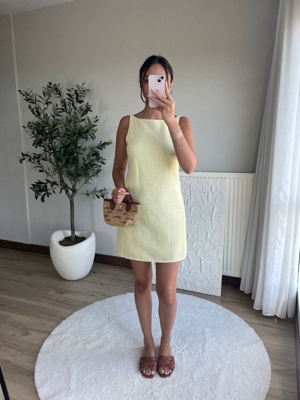 Keten Mini Elbise Sarı