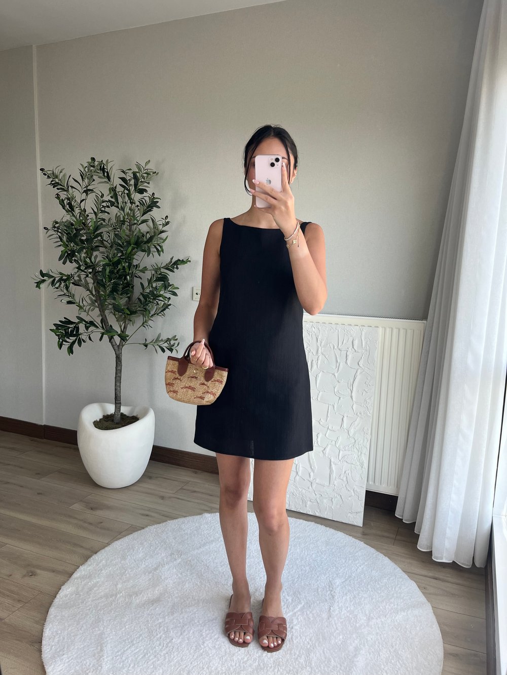 Keten Mini Elbise Siyah