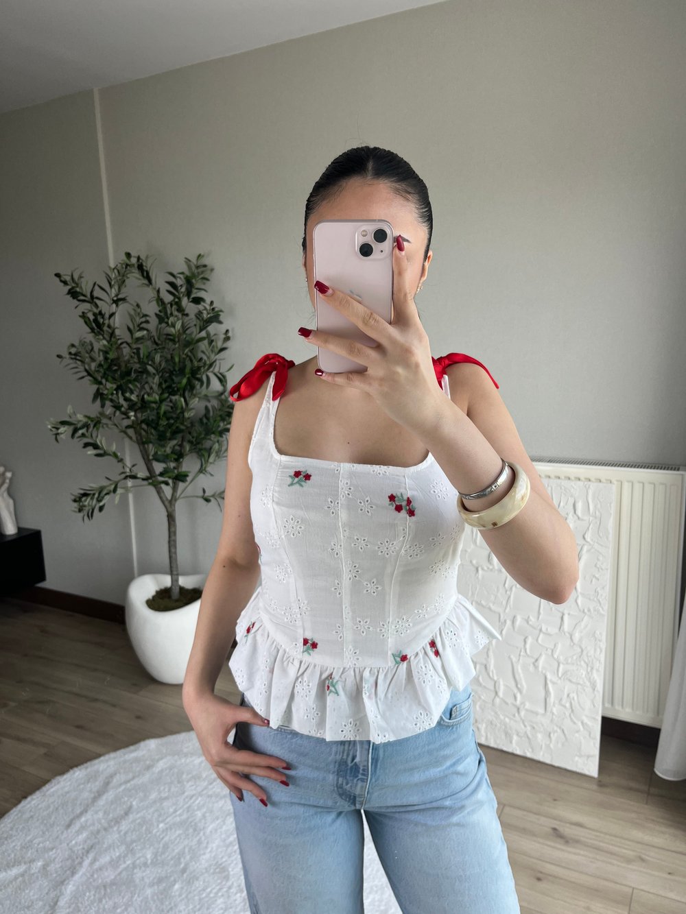 Kırmızı Saten İp Detaylı Fisto Desen Korse Bluz