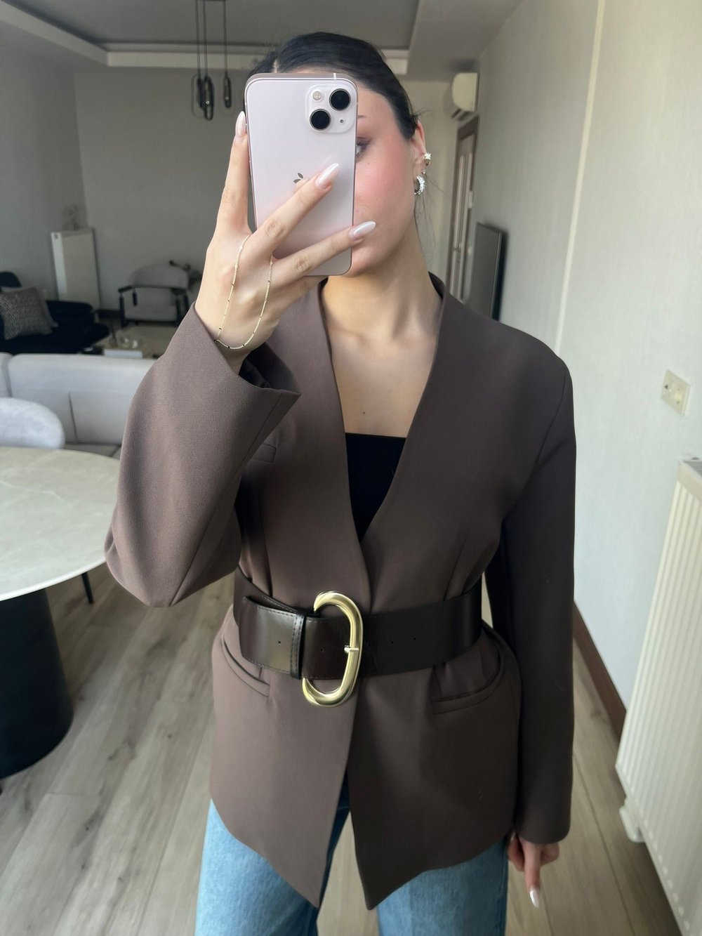 Kruvaze Yaka Kemer Detaylı Blazer Kahverengi