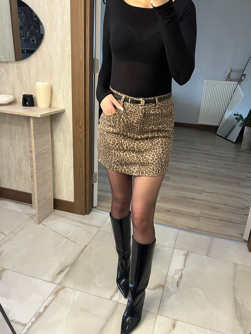 Leopar Desenli Yüksek Bel Kot Mini Etek