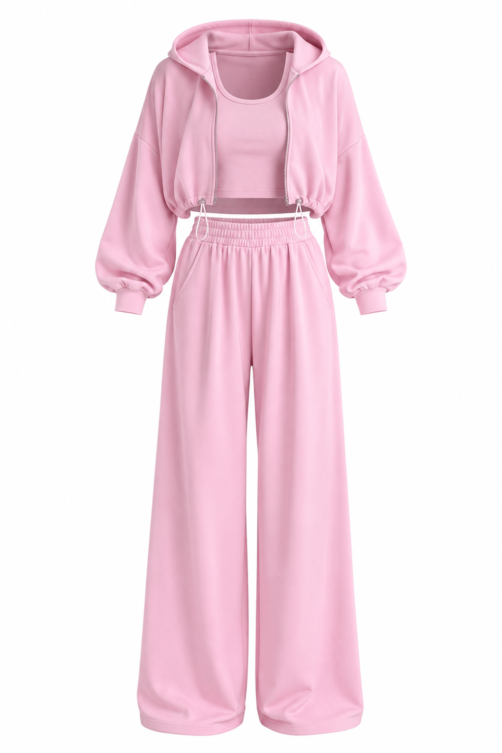Pembe Kapüşonlu Crop 3'lü Takım