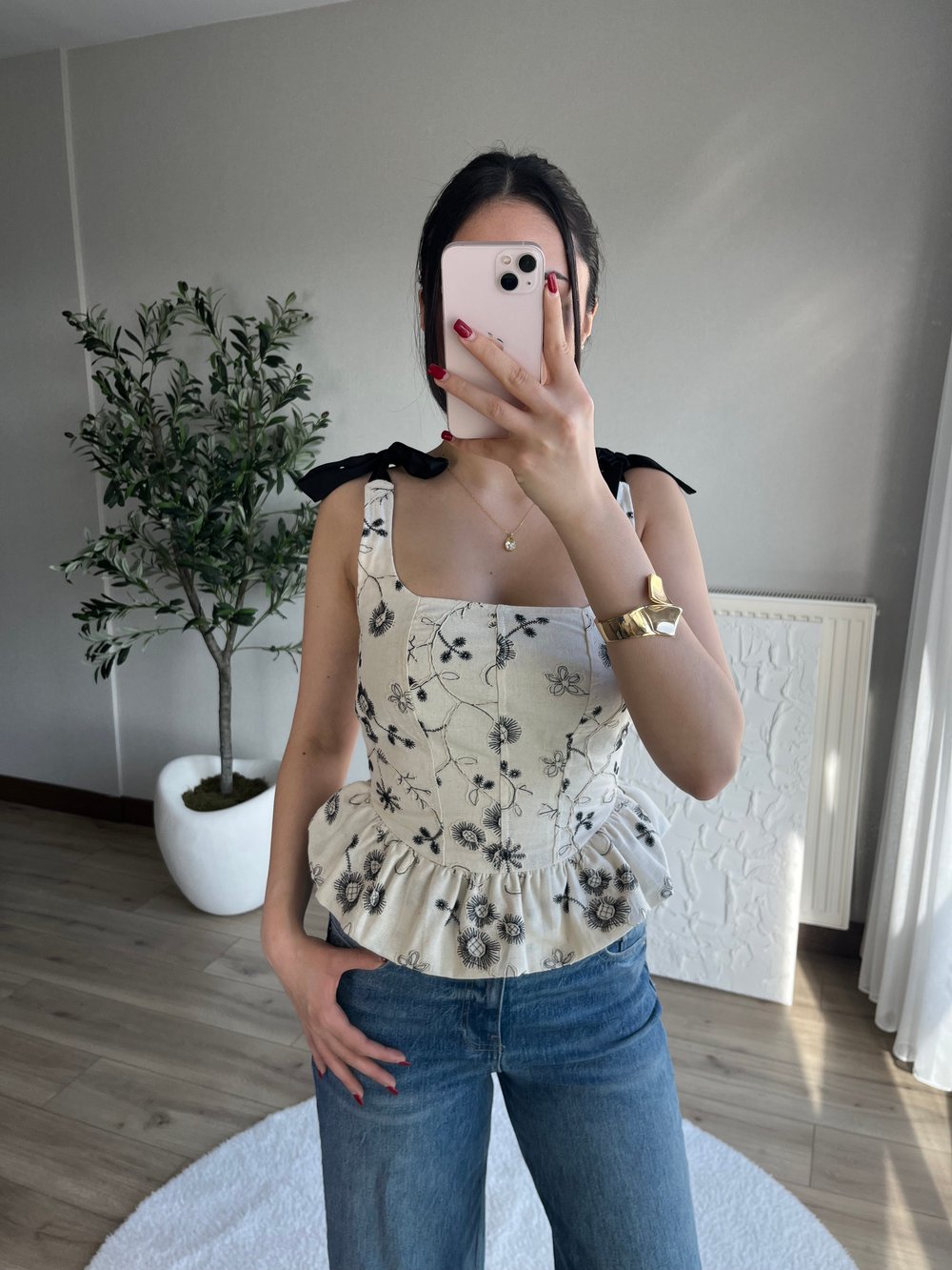 Saten İp Detaylı Nakışlı Korse Bluz
