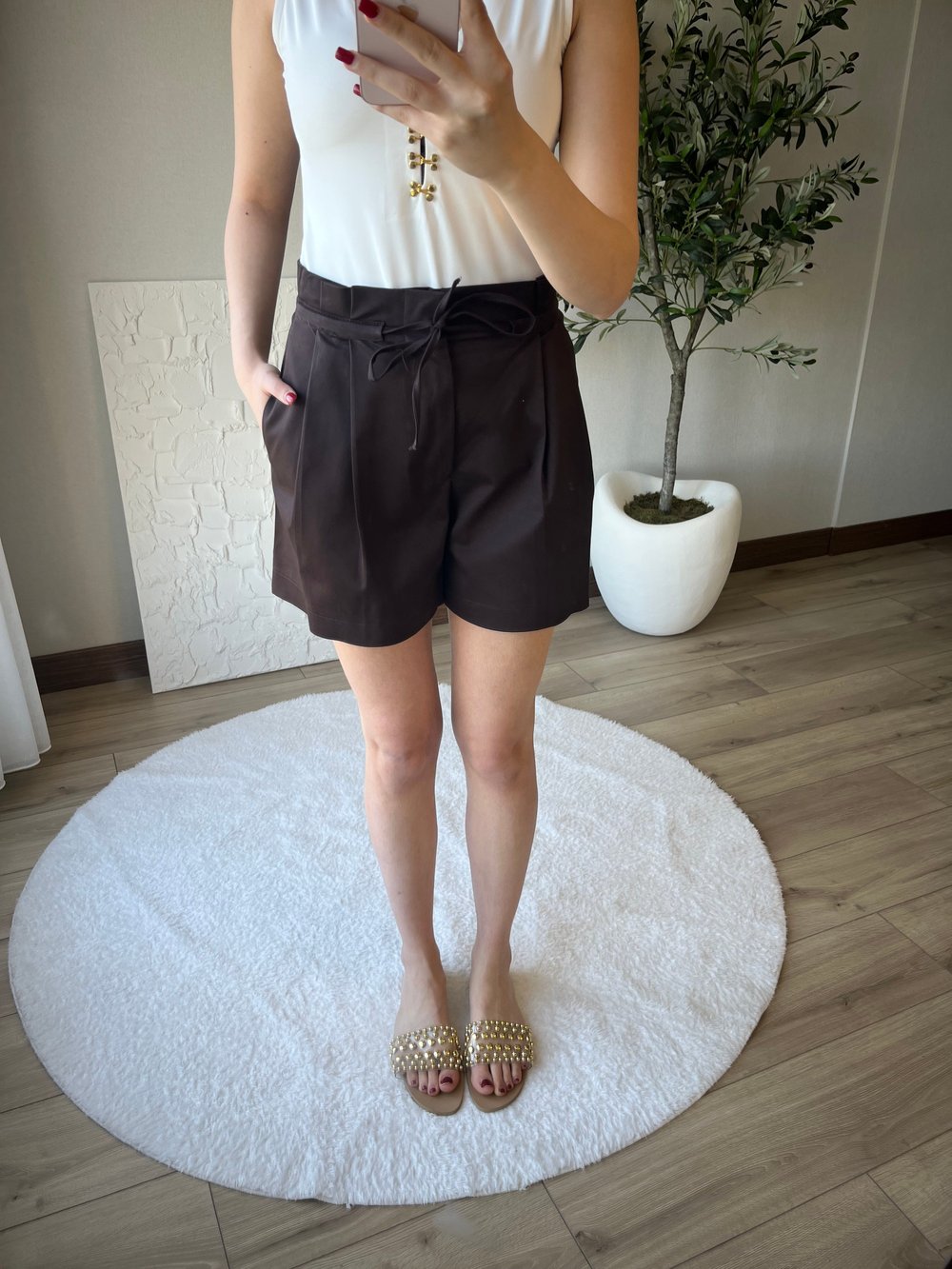 Tencel Kumaş Lastik Bel Şort Kahverengi