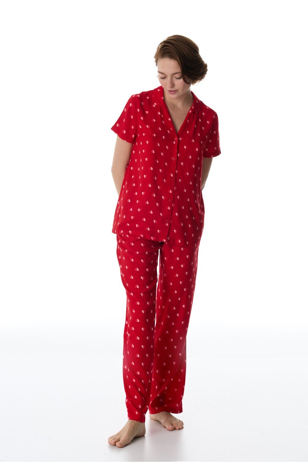 Kırmızı Tiny Hearts Gömlek Pantolon Pijama Takımı
