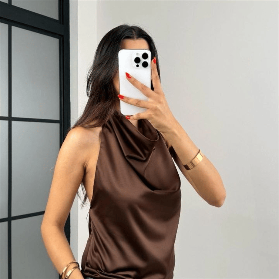 Degaje Yaka Saten Bluz - NSA-000860-004 (KAHVERENGİ)