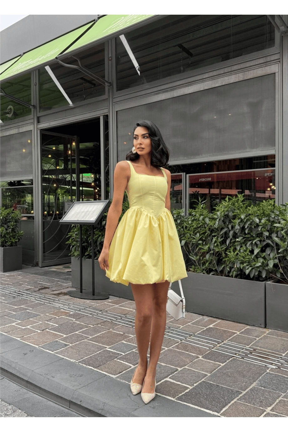 Kadın Balon Etekli Kare Yaka Mini Elbise ZYN-58918 - Sarı