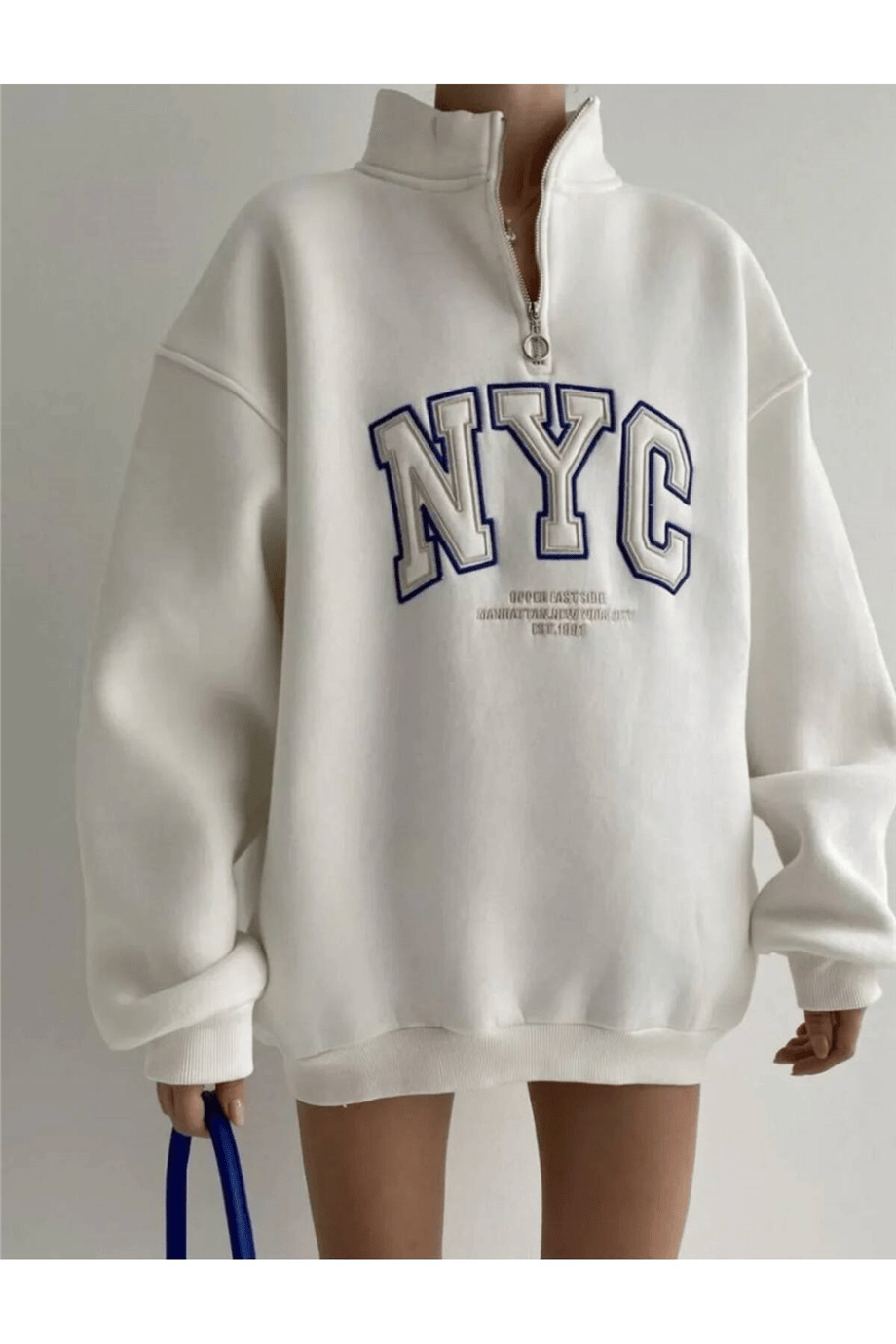 Kadın Baskılı Yarım Fermuarlı Oversize Şardonlu Sweatshirt ZYN-58810 - BEYAZ