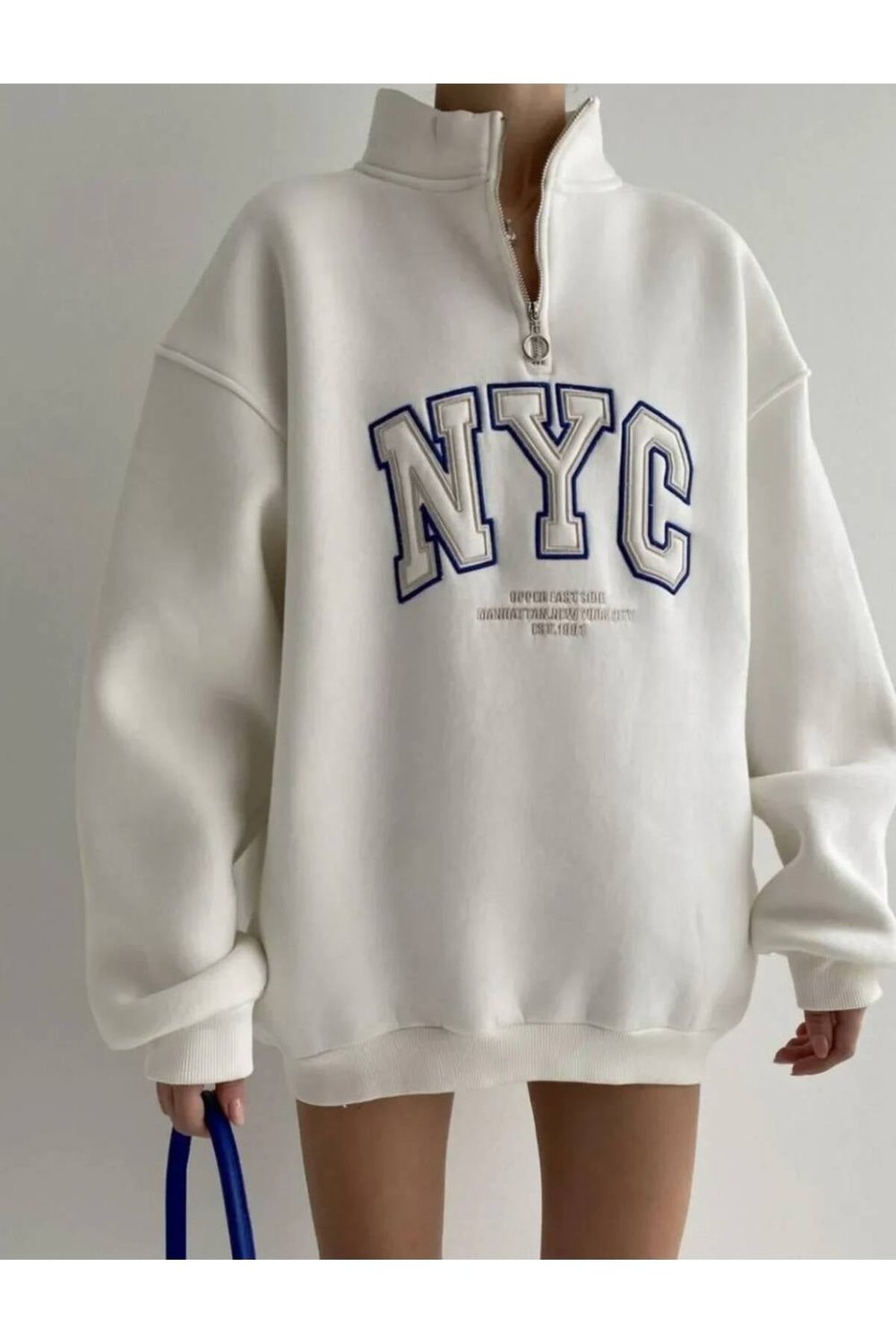 Kadın Baskılı Yarım Fermuarlı Oversize Şardonlu Sweatshirt ZYN-58810 - BEYAZ