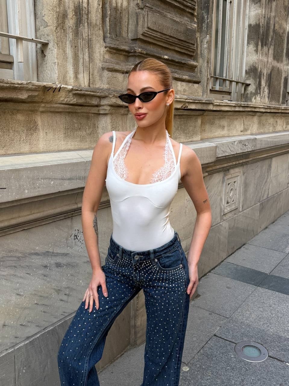 Kadın Dantel Detaylı Bodysuit - Beyaz
