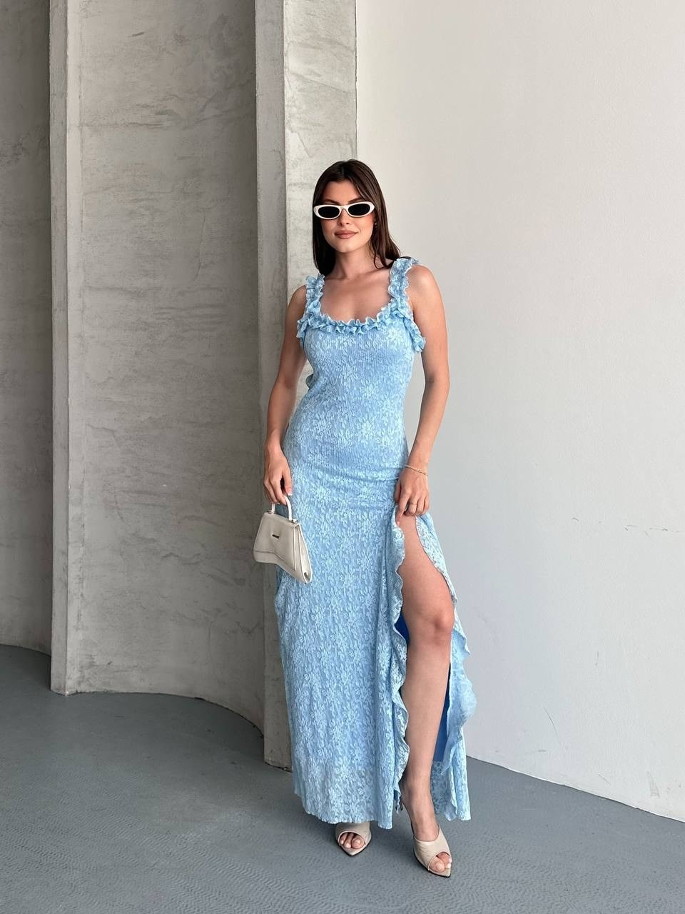Kadın Dantel Detaylı Yırtmaçlı Maxi Elbise - Bebe Mavi