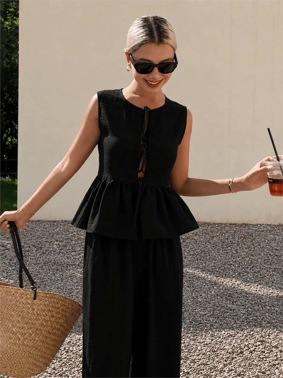 Kadın Dökümlü Peplum Bluz ve Pantolon Takımı - Siyah