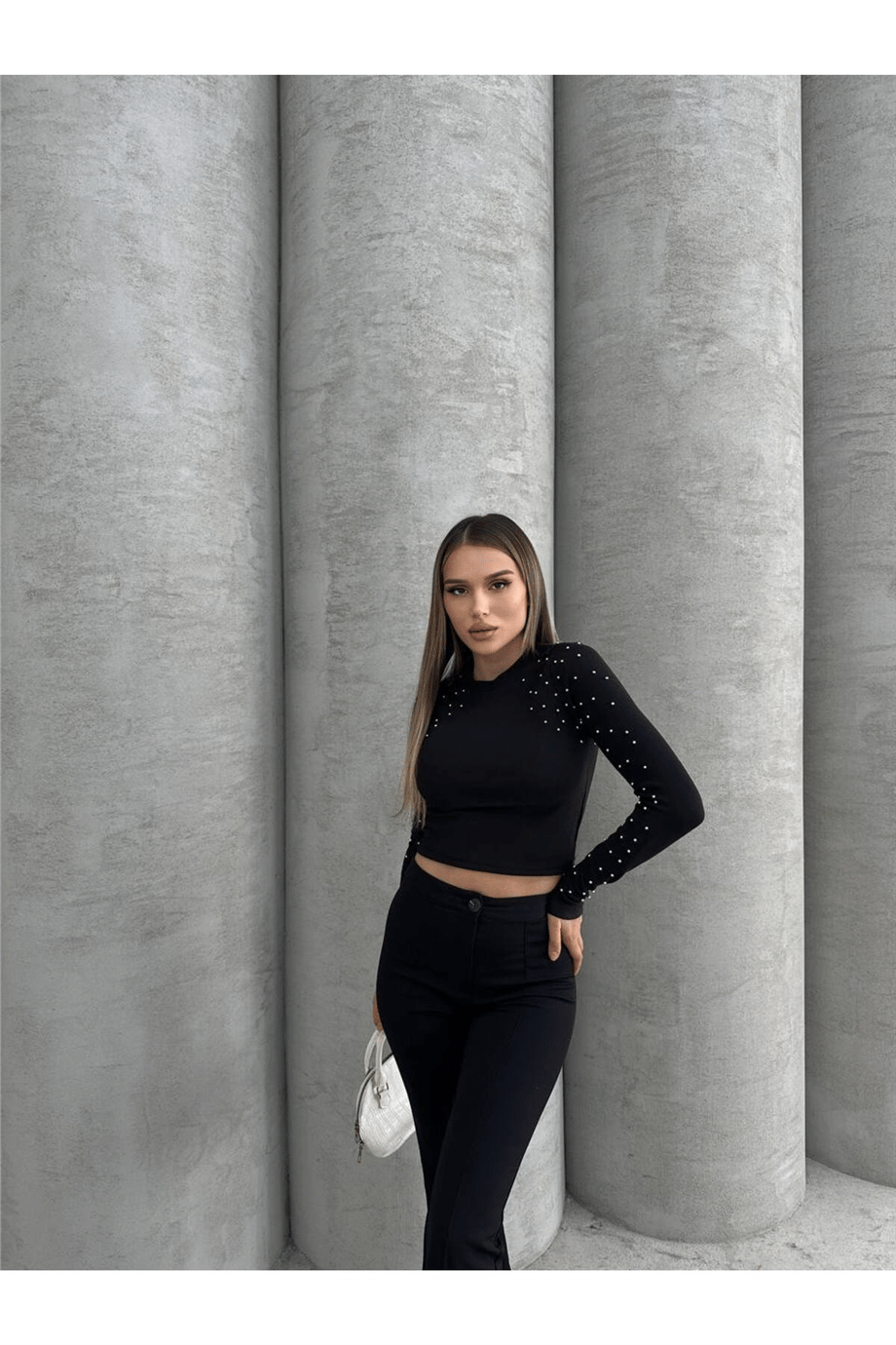 KADIN DÜŞÜK OMUZ CROP BLUZ HYN-58005 - SİYAH