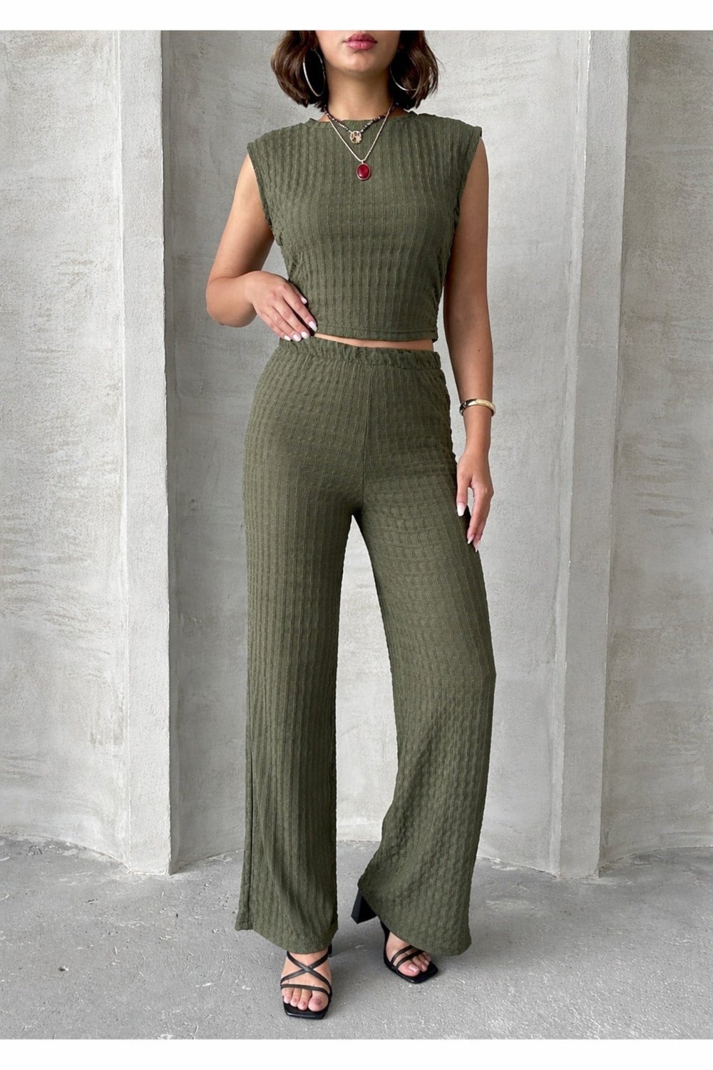 Kadın Fitilli Crop İkili takım NSA-58086 - HAKİ