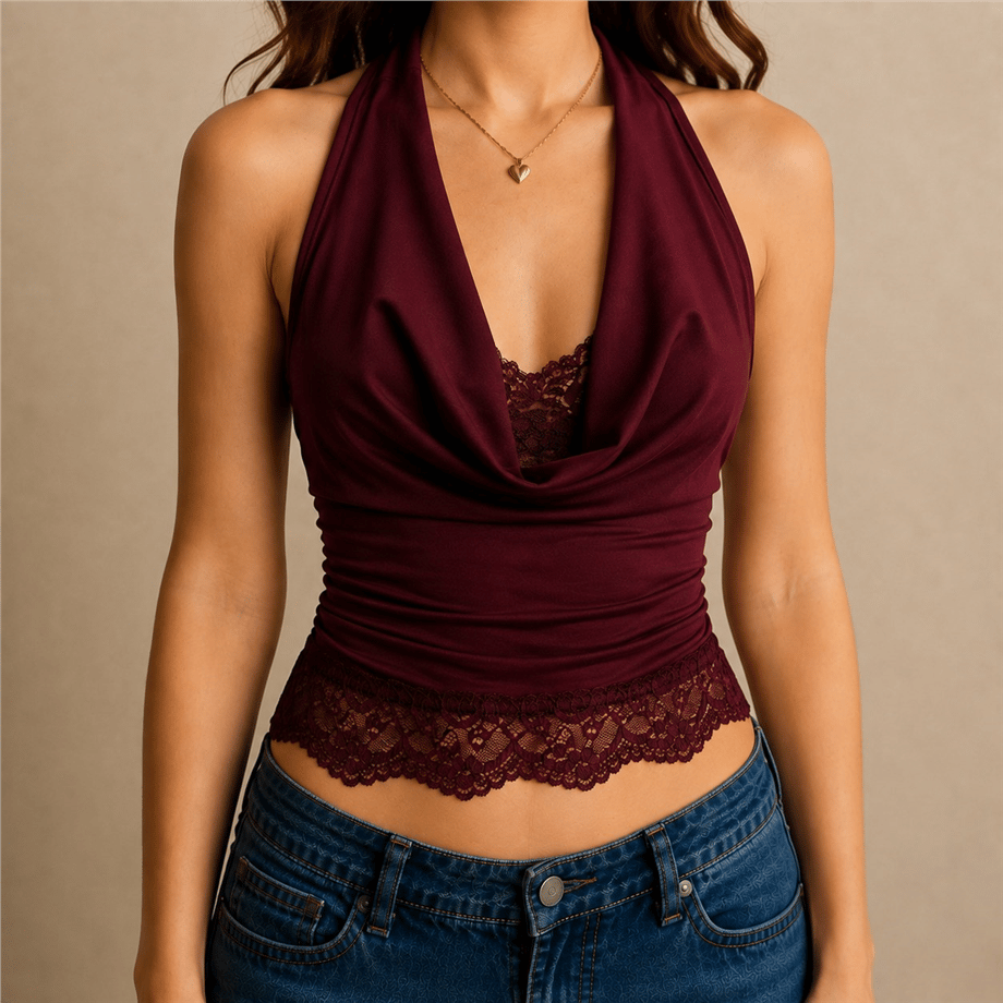 Kadın Halter Yaka Drapeli Dantel Detaylı Bluz - Bordo