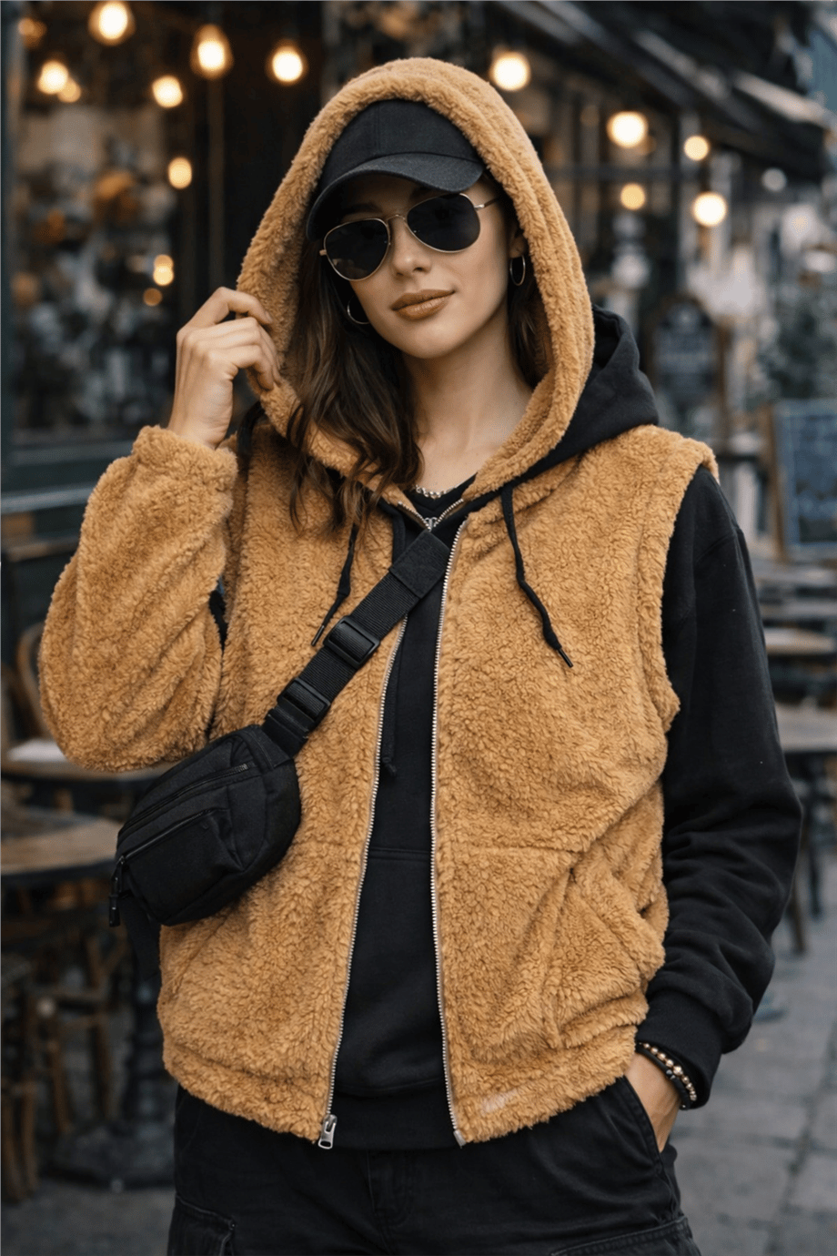 Kadın Kapüşonlu Fermuarlı Peluş Yelek ZYN-58816 - CAMEL
