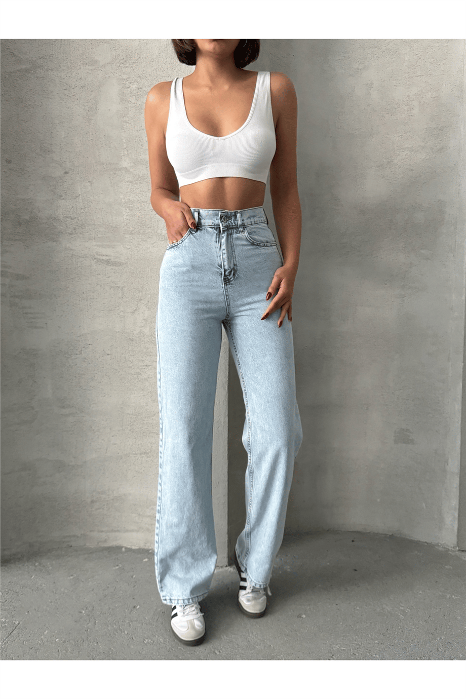 Kadın Kar Yıkamalı Yüksek Bel Plazzo Jeans ZYN-58729 - MAVİ