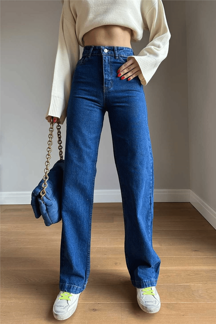 Kadın Kar Yıkamalı Yüksek Bel Plazzo Jeans ZYN-58729 - KOYU MAVİ
