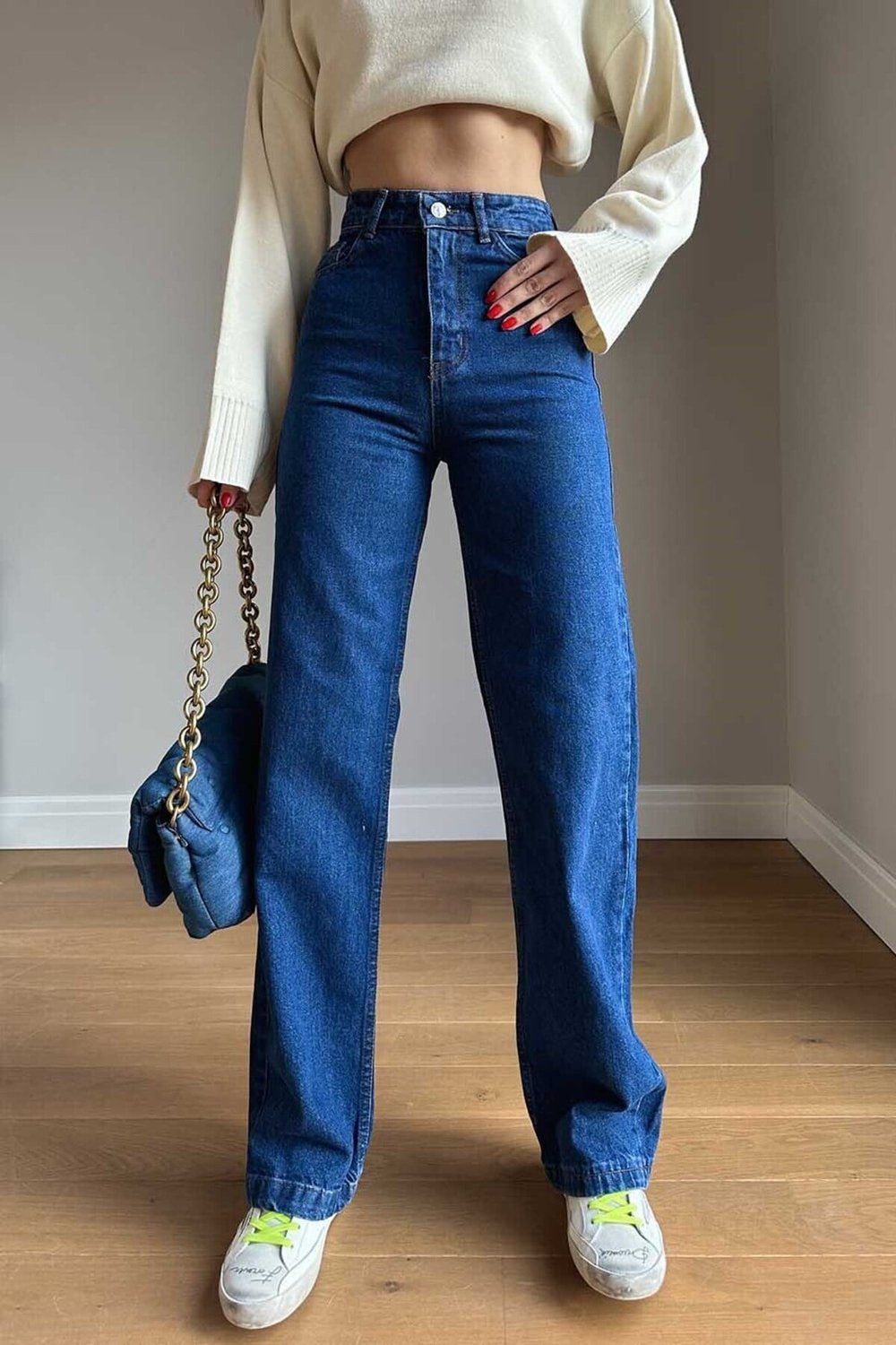 Kadın Kar Yıkamalı Yüksek Bel Plazzo Jeans ZYN-58729 - KOYU MAVİ