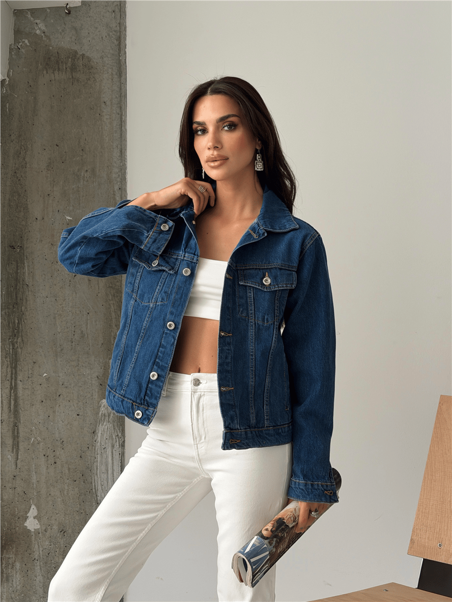 Kadın Karla 90lar Koyu Jean Ceket - Koyu Mavi̇
