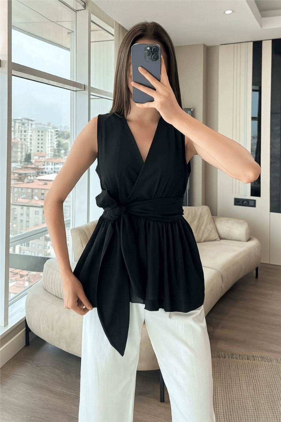 Kadın Kuşak Detaylı V Yaka Bluz - ZYN-58902 - SİYAH