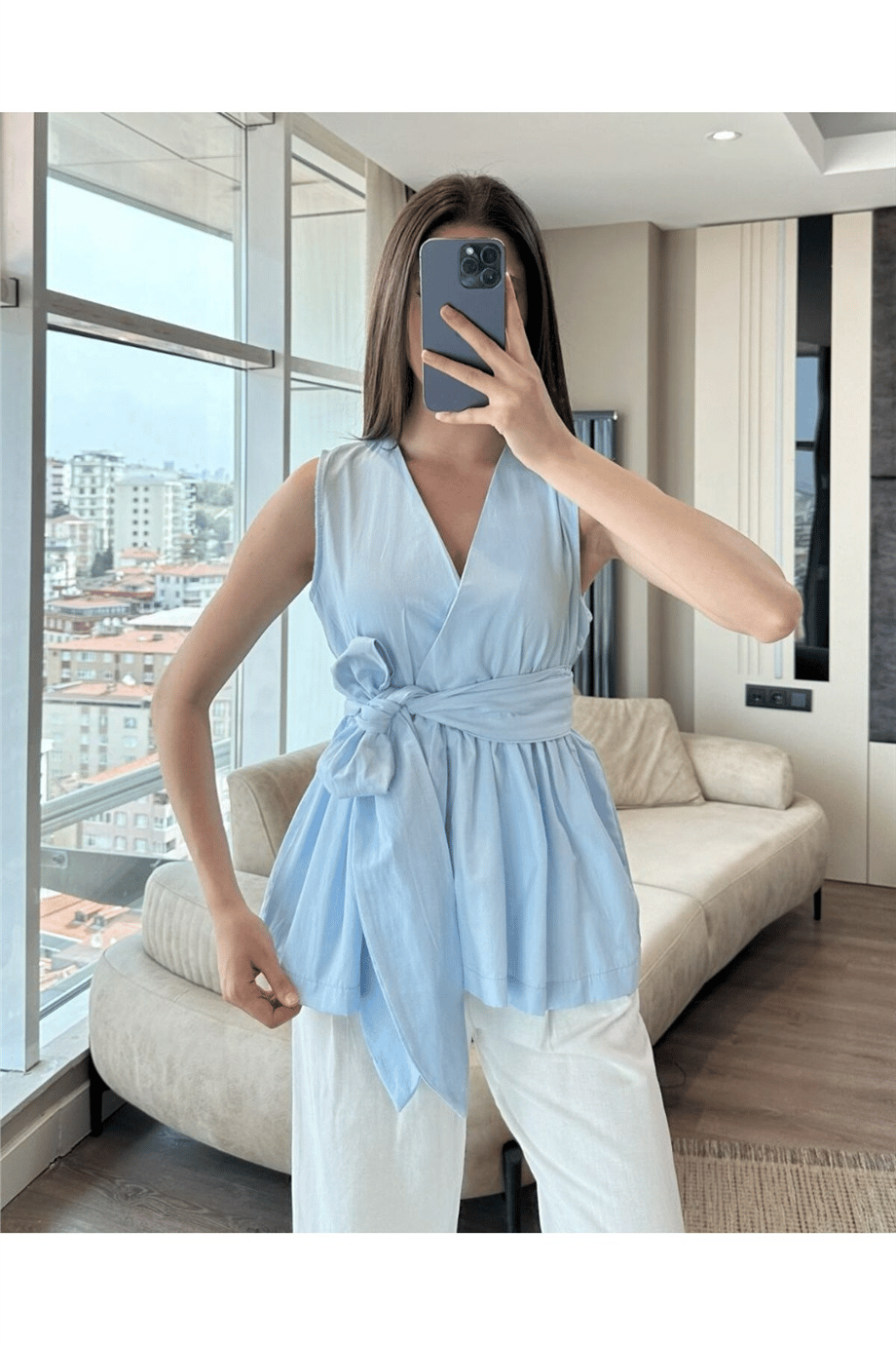 Kadın Kuşak Detaylı V Yaka Bluz - ZYN-58902 - MAVİ
