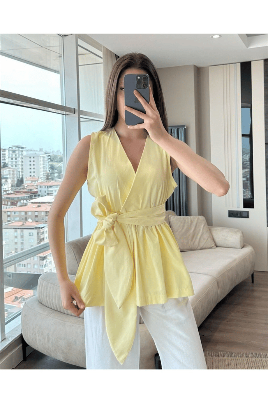 Kadın Kuşak Detaylı V Yaka Bluz - ZYN-58902 - SARI