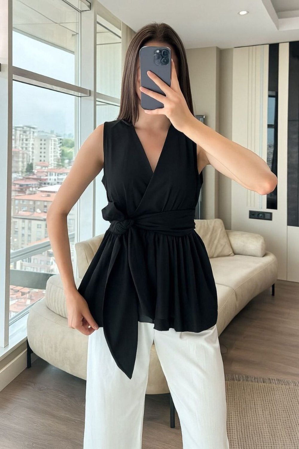 Kadın Kuşak Detaylı V Yaka Bluz - ZYN-58902 - SİYAH