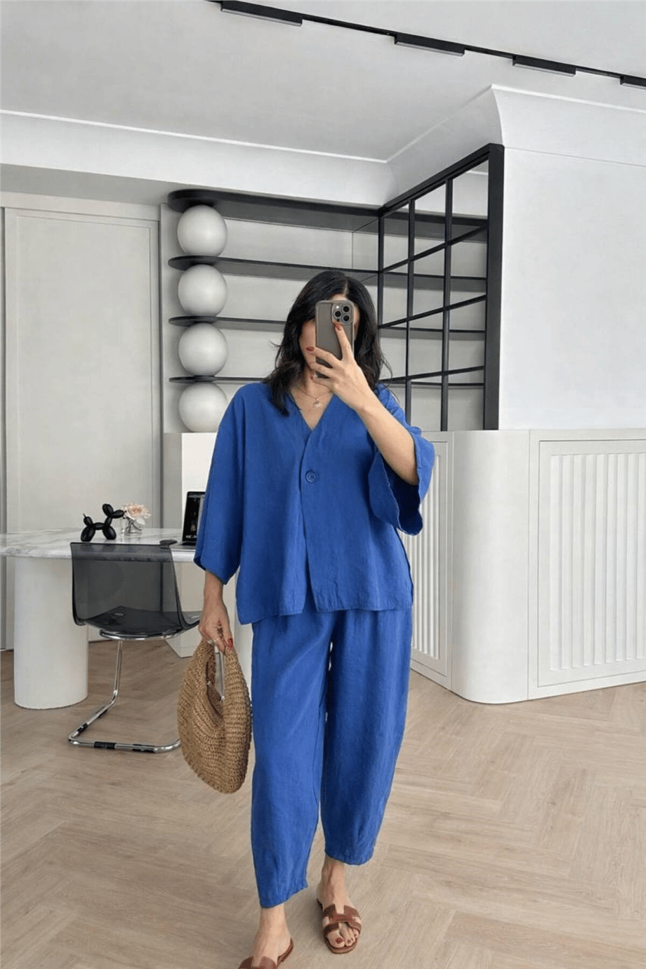 Kadın Oversize Kimono Ceketli Takım NSA-58081 - MAVİ