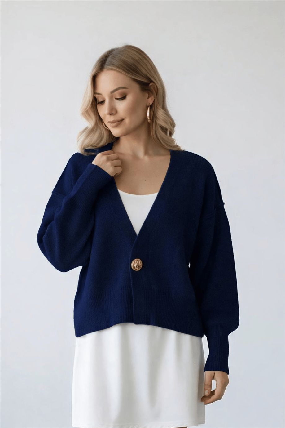 Kadın Oversize Tek Düğmeli Yumuşak Dokulu Hırka HYN-58091 - LACİVERT