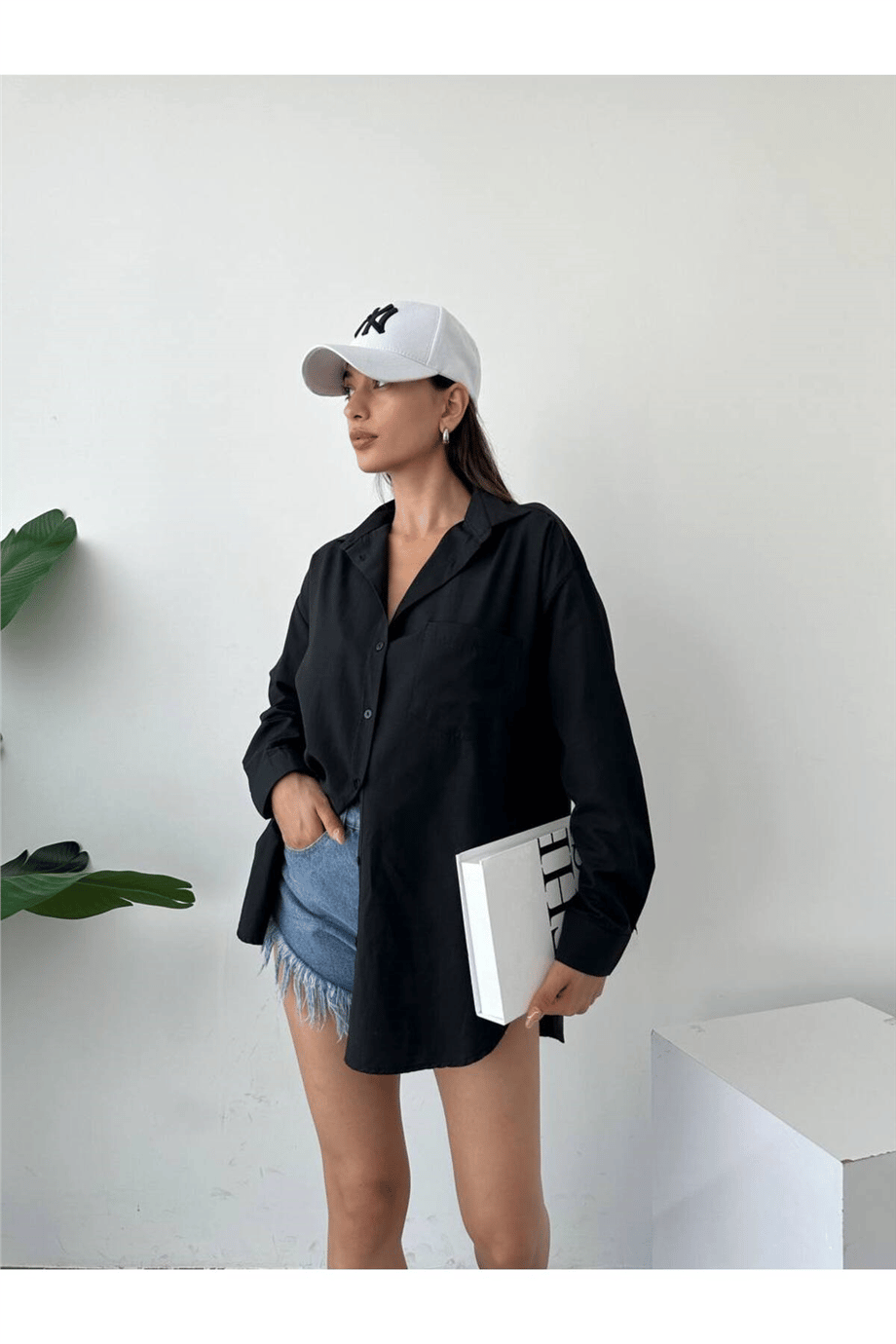 Kadın Oversize Uzun Dokuma Gömlek - Siyah