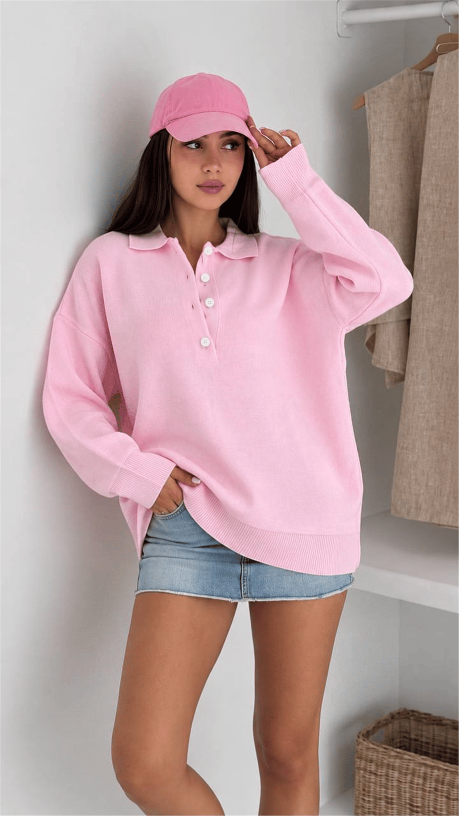 Kadın Polo Yaka Sweatshırt - Pembe