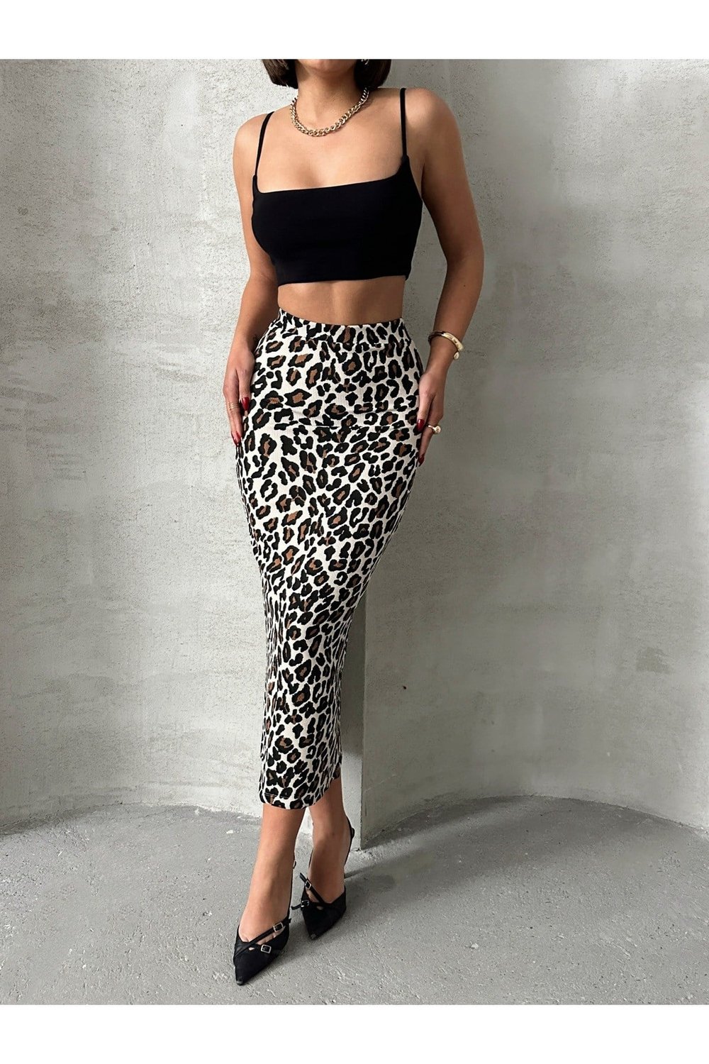 Kadın Zebra Desenli Likrali Elastan Midi Etek Zyn-58770 - LEOPAR