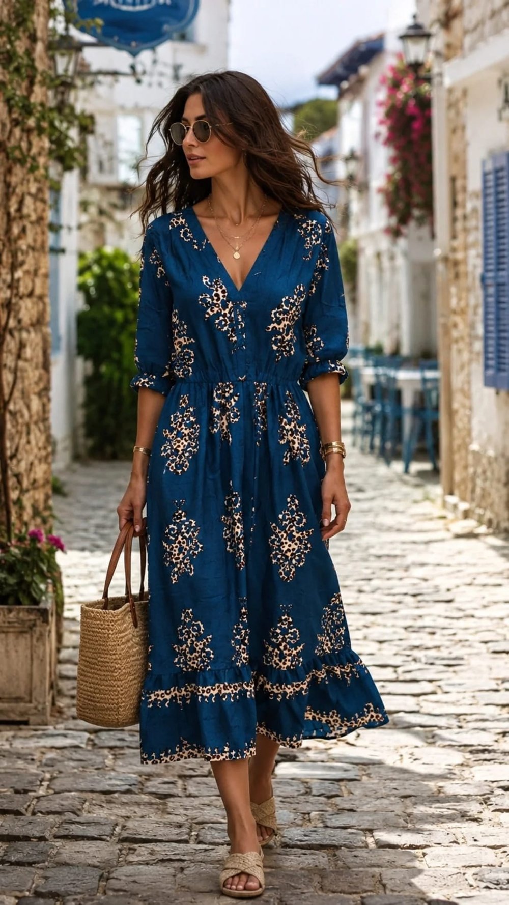 MAVI DESENLI ELBISE