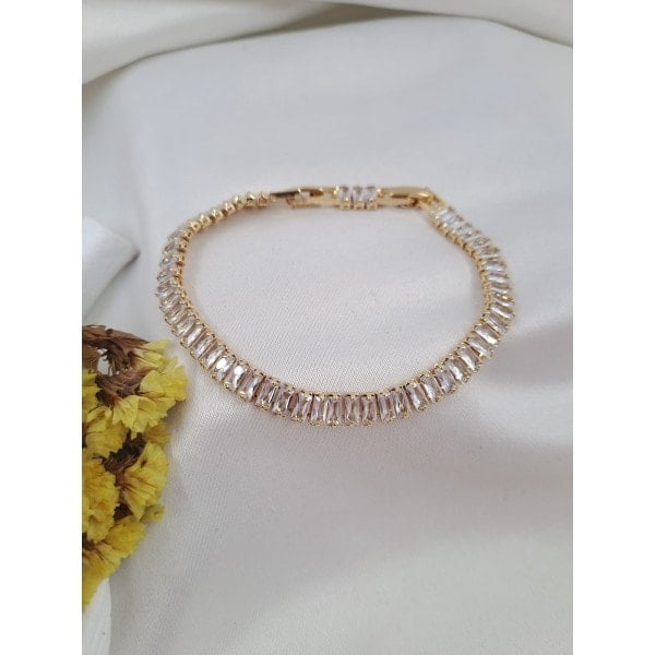 Baget Taşlı Çelik Gold Bileklik