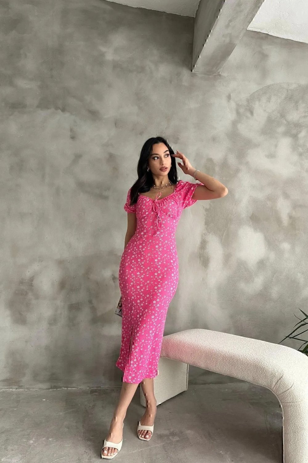 Bürümcük Çiçek Desen Elbise Pembe