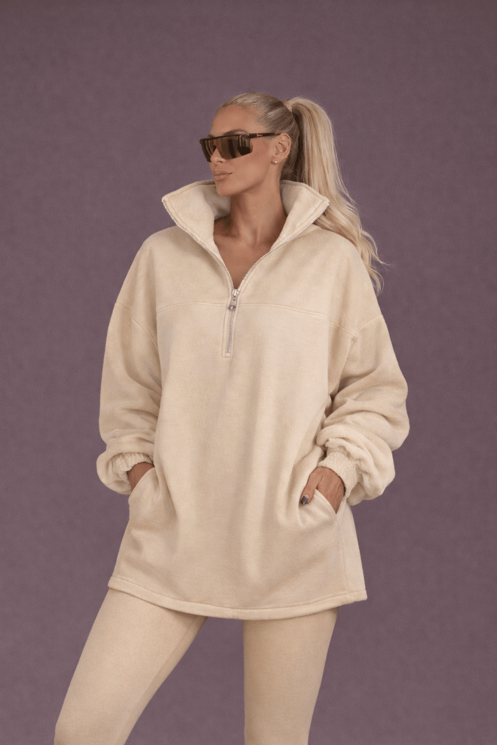 Bejh oversize yarim fermuarli-3004