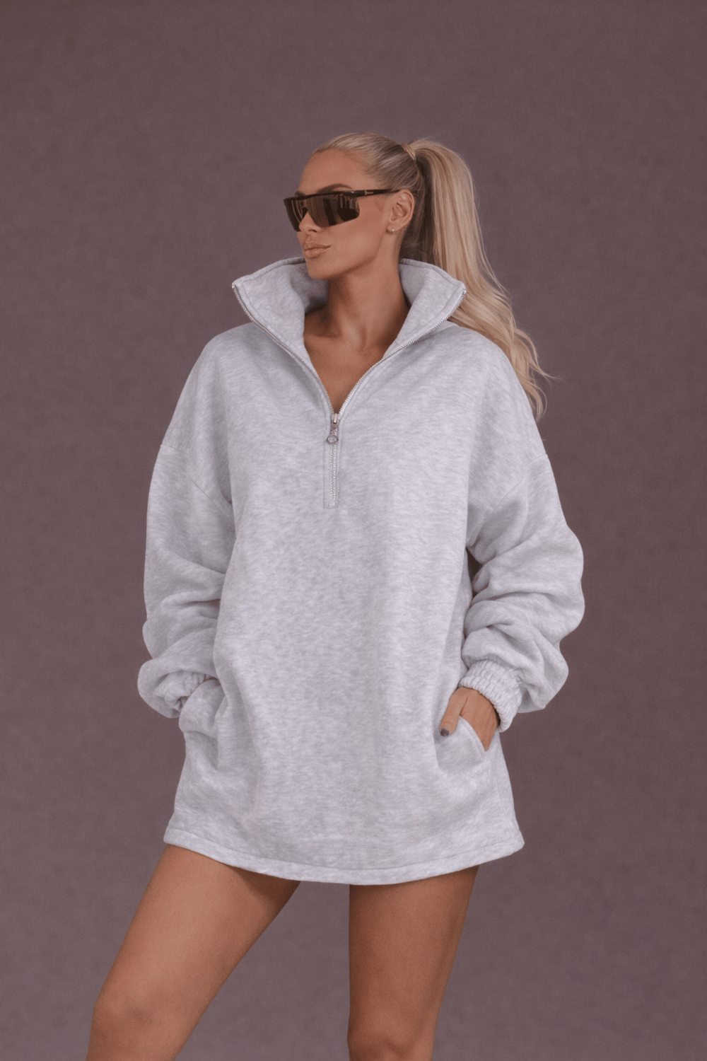 Gri karmelanj oversize yarim fermuarli-3002