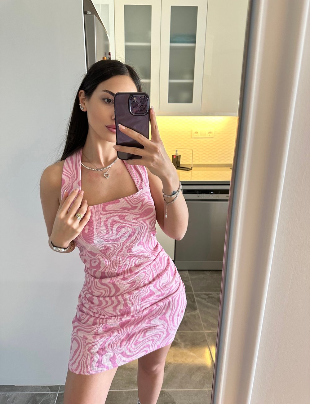 Tos Pembe Desenli Elbise