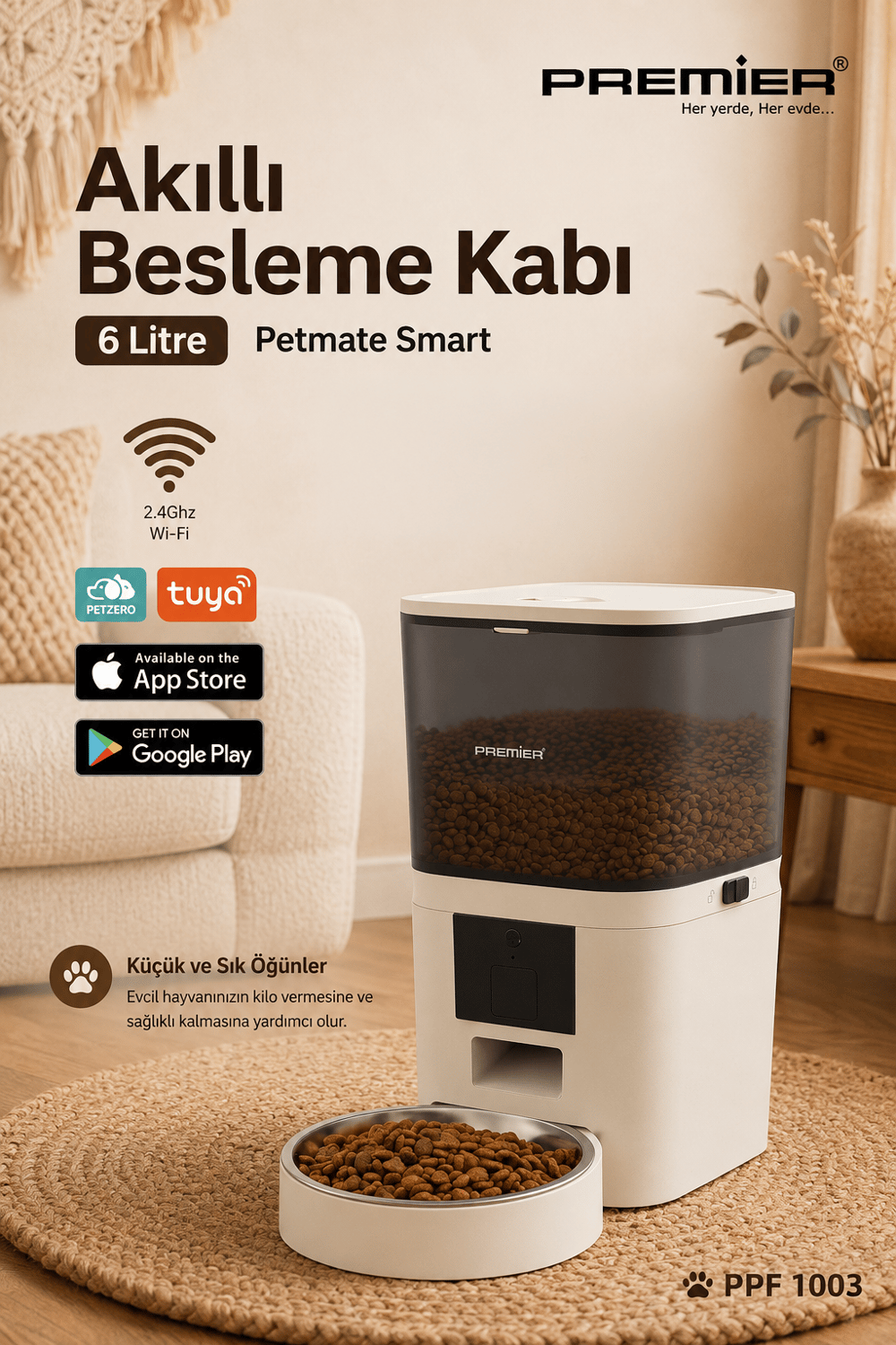 PPF 1003 - Akıllı Otomatik Mama Kabı 6 Lt Mobil Uygulama ile Yemek Programı ve Manuel Besleme Petmate Smart - Krem