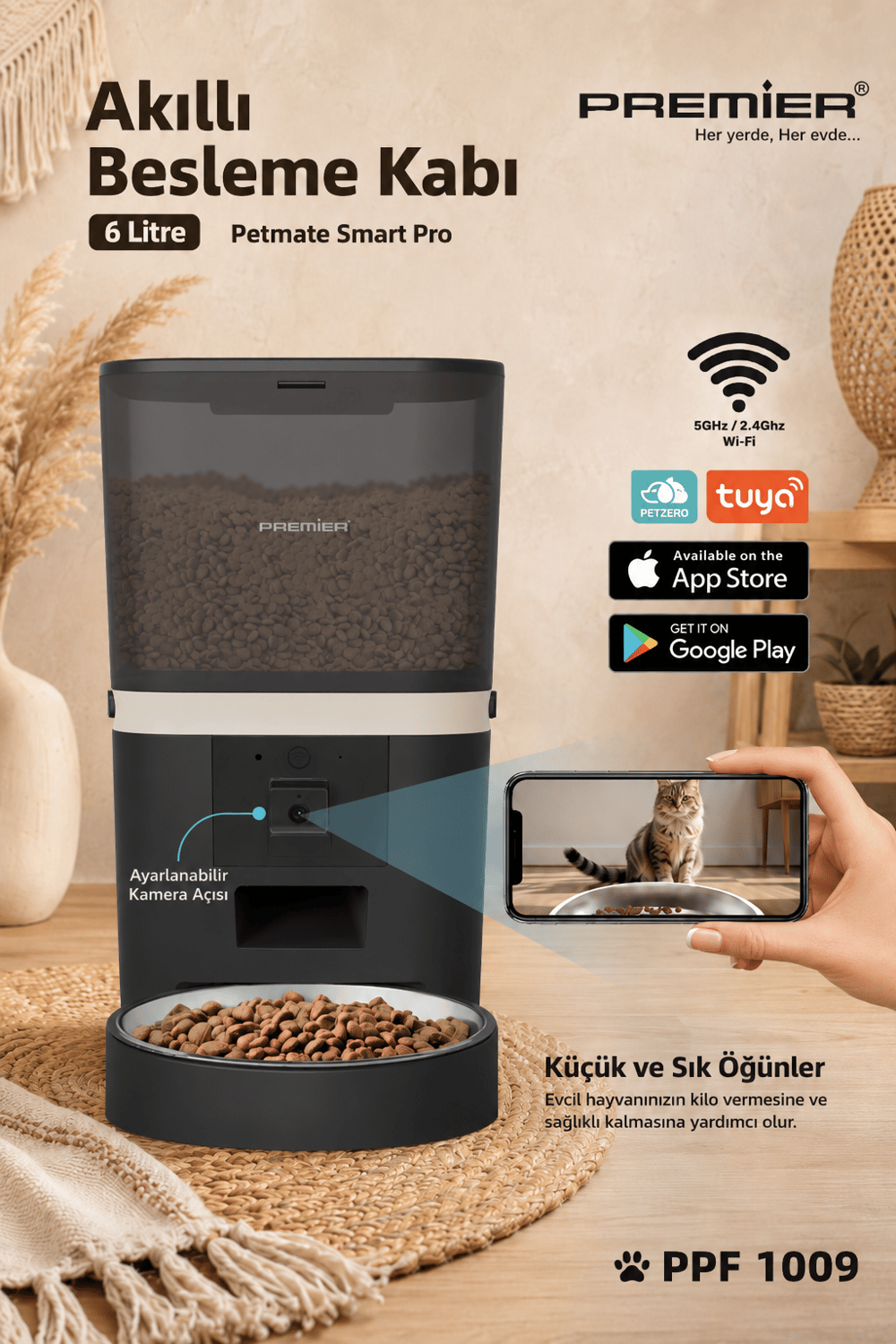 PPF 1009 - Wi-Fi Özellikli Kameralı Akıllı Otomatik Mama Kabı 6 Lt Mobil Uygulama ile Yemek Programı ve Manuel Besleme - Petmate Smart Pro - Siyah - Yenilenen Tasarım