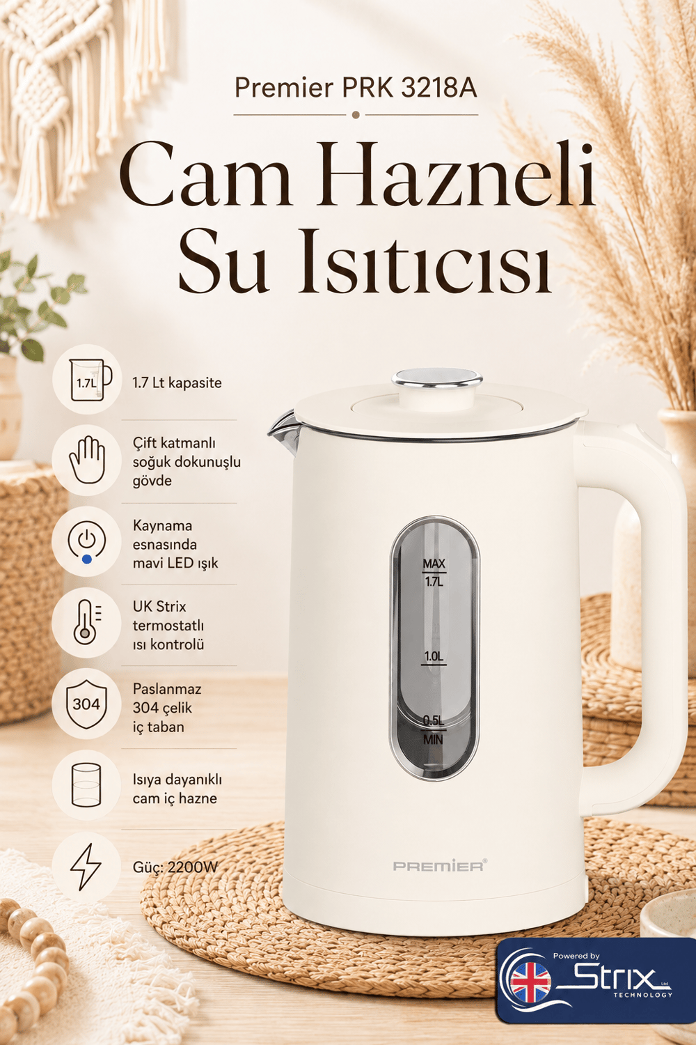 PRK 3218A Isıya Dayanıklı Cam Hazneli LED ışıklı Su Isıtıcısı Cool Touch Kettle - Krem