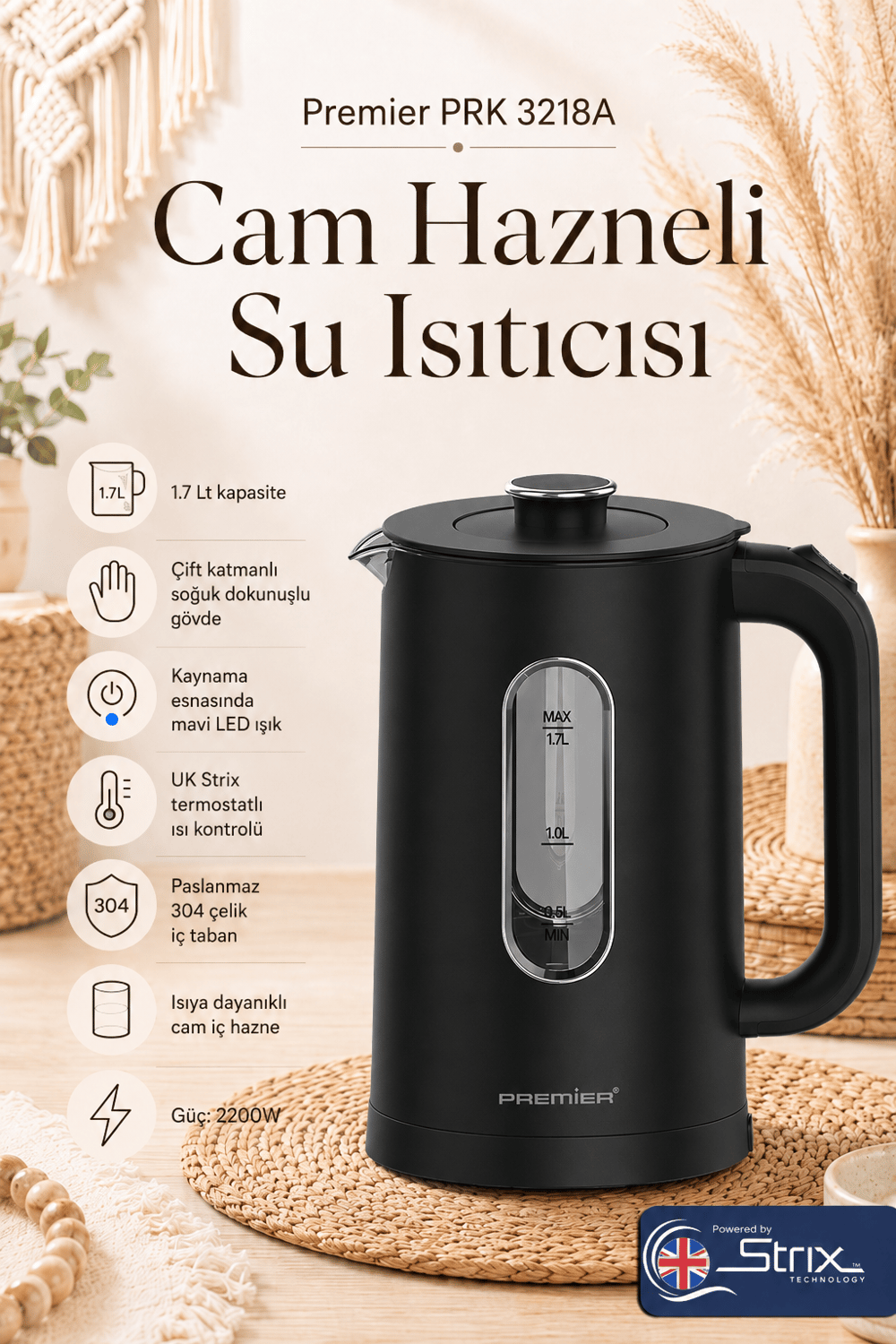PRK 3218A Isıya Dayanıklı Cam Hazneli LED ışıklı Su Isıtıcısı Cool Touch Kettle - Siyah