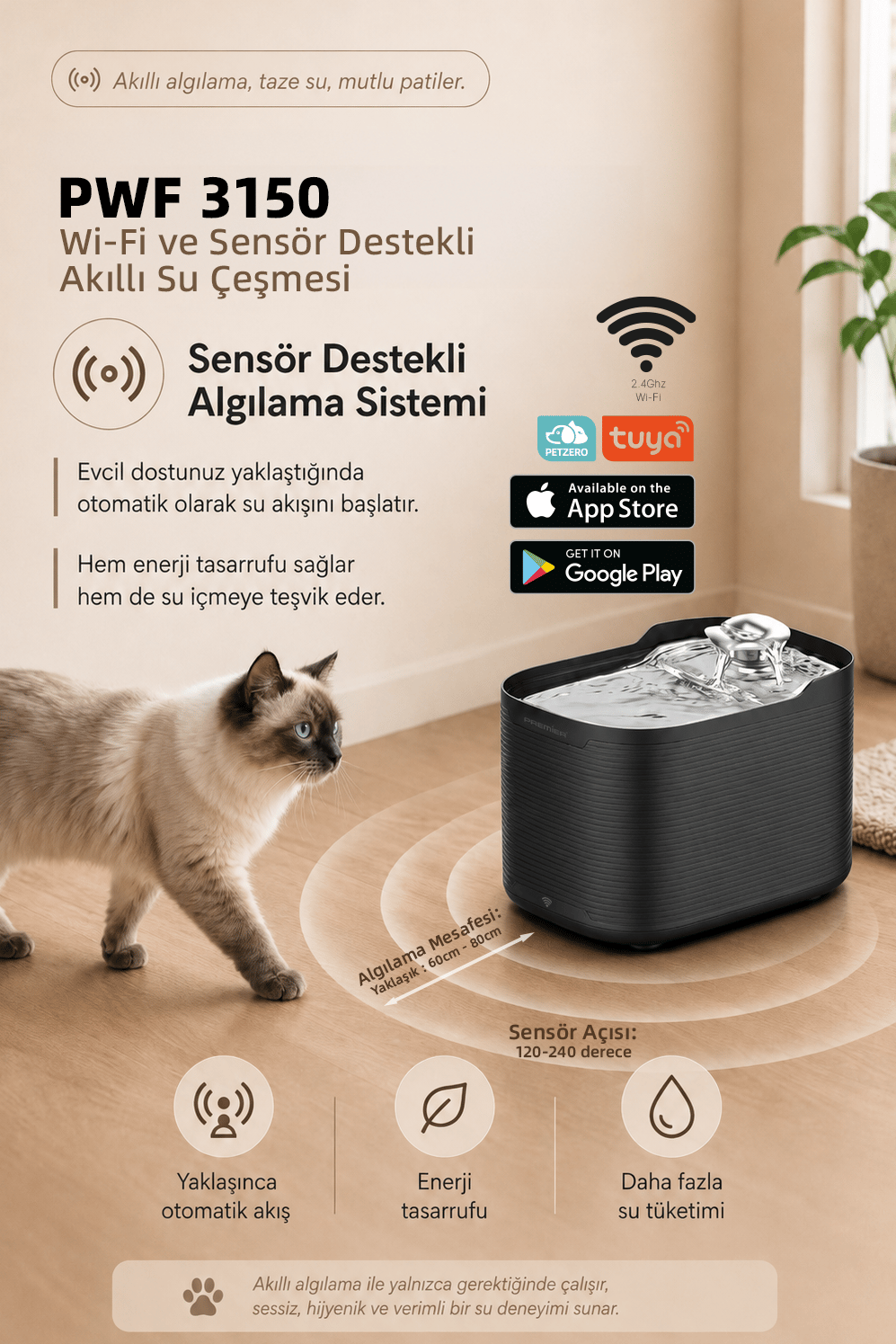 PWF 3150 Petmate Flowsense Pro - Wi-Fi ve Sensörlü Akıllı Otomatik Kedi Köpek Su Çeşmesi 2,5 L – Paslanmaz Çelik - BPA içermez - Siyah
