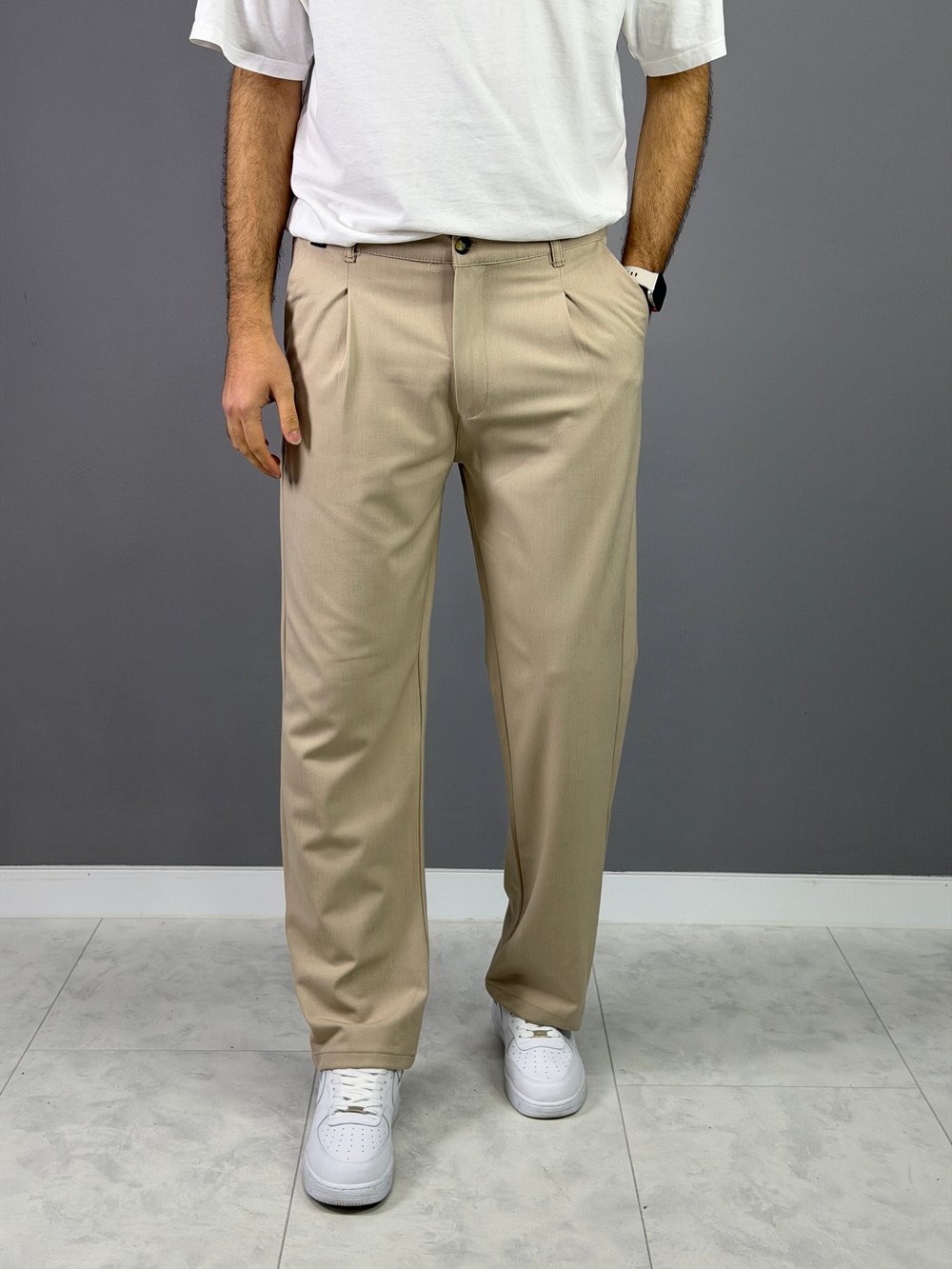 Krem kumaş baggy pantolon 5001