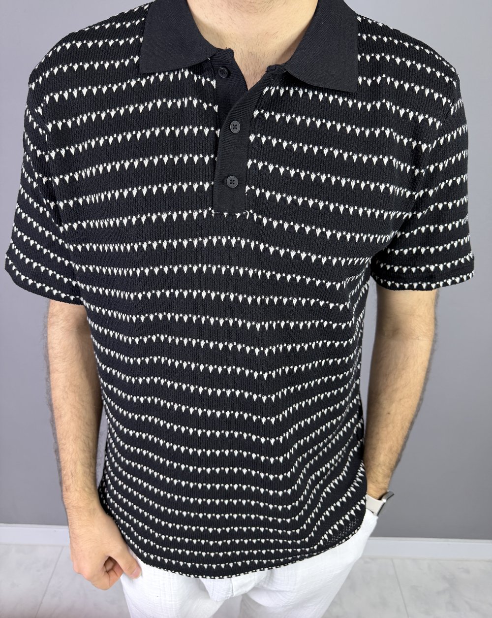SİYAH ÖRGÜ ŞERİTLİ POLO YAKA 7005