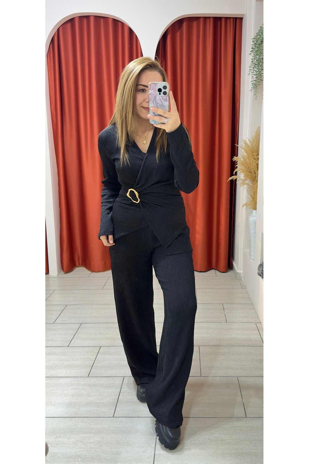 Kadın Gold Tokakı Bluz Pantolon Takım