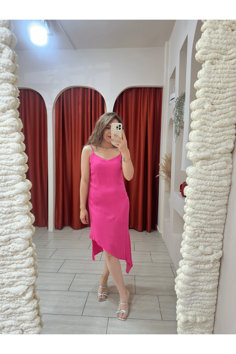 SATEN ASİMETRİK KESİM PEMBE ELBİSE