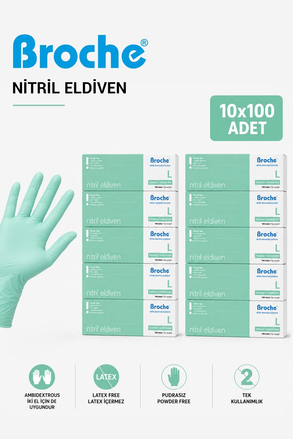  PUDRASIZ NİTRİL ELDİVEN L BEDEN TURKUAZ YEŞİLİ/TEAL GREEN 10'LU PAKET