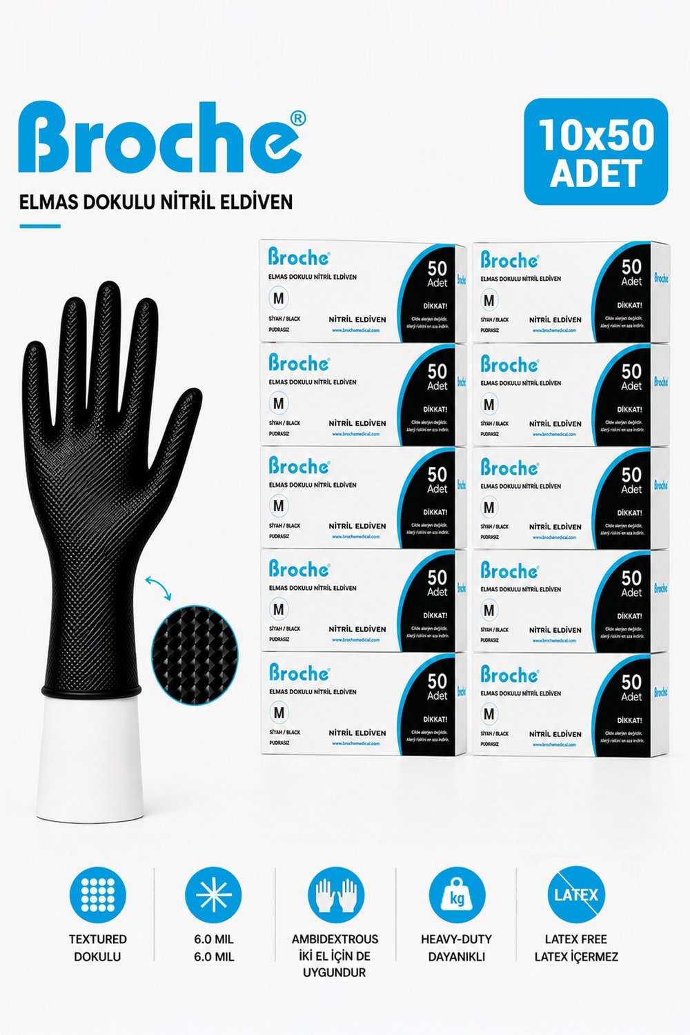 ELMAS DOKULU EKSTRA KALIN SİYAH NİTRİL ELDİVEN M BEDEN 10'LU PAKET